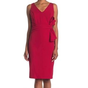 MARINA Draped Side Bow V-Neck Sleeveless Woven Dress, Rouge, Size 6